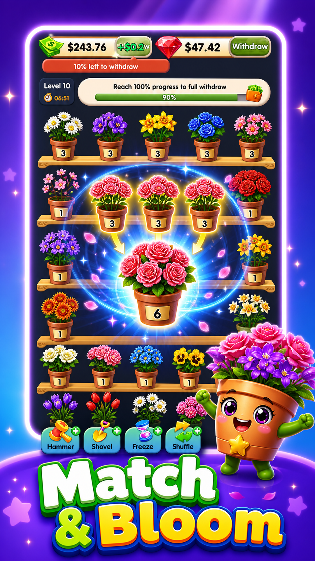 Match and bloom gameplay in Flower Shop Sort
