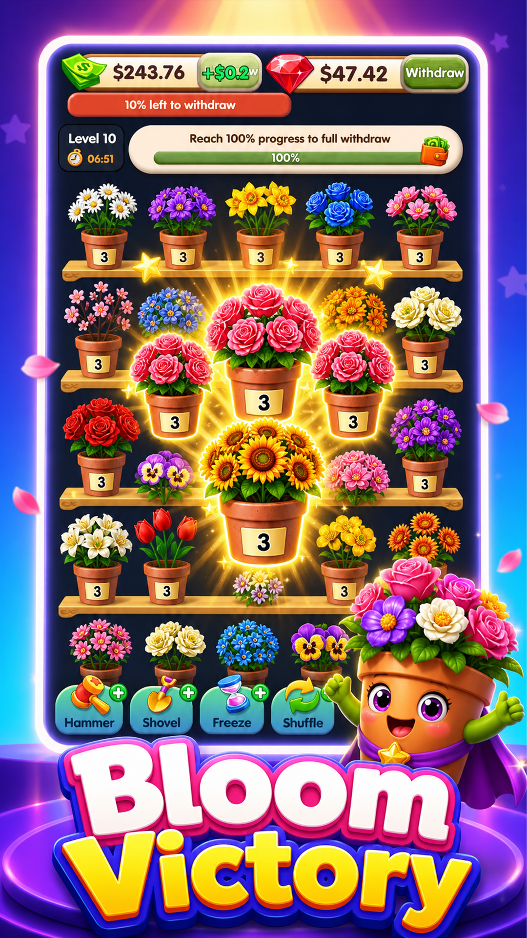 Bloom victory gameplay in Flower Shop Sort